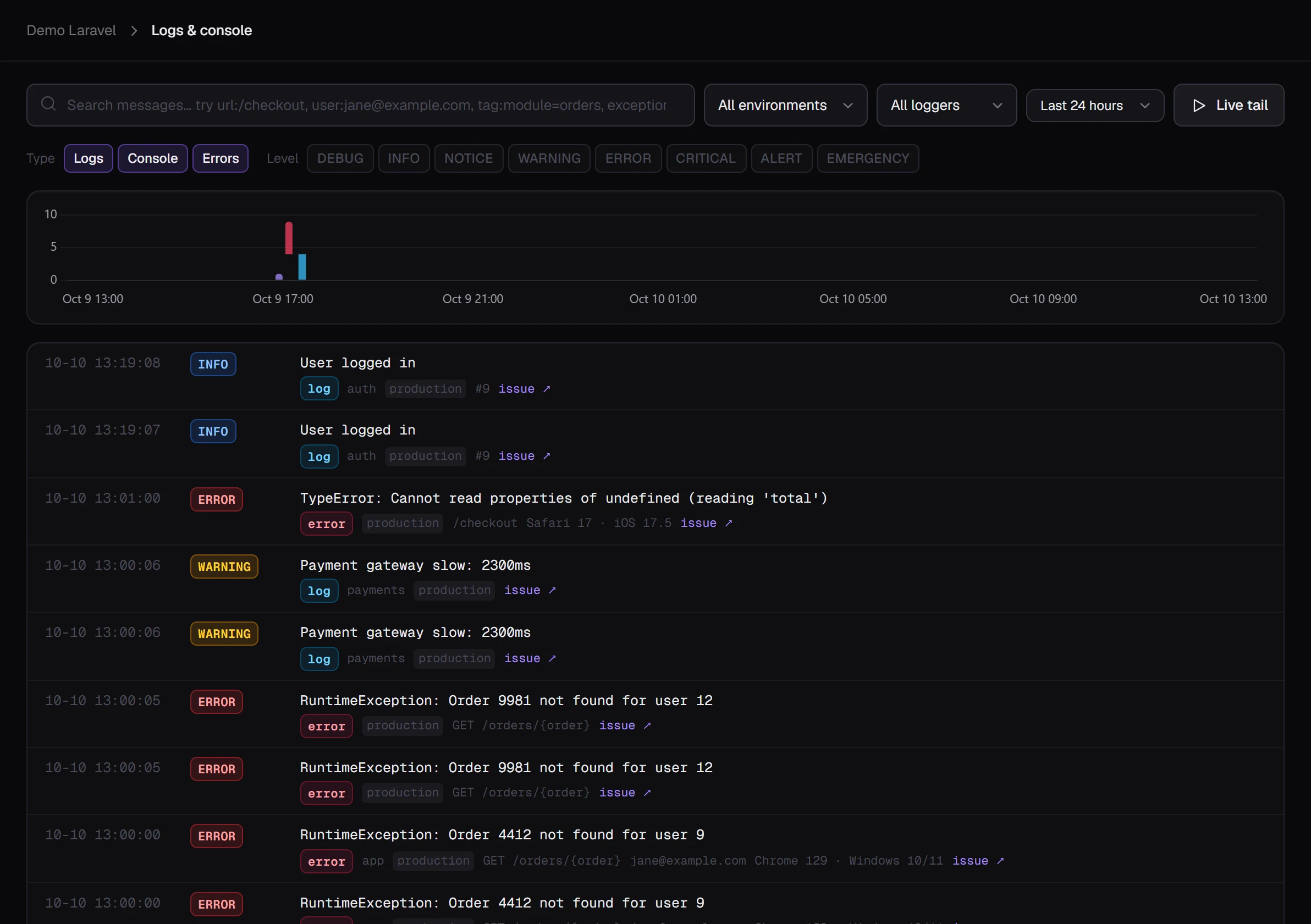 Log explorer with level filters and search